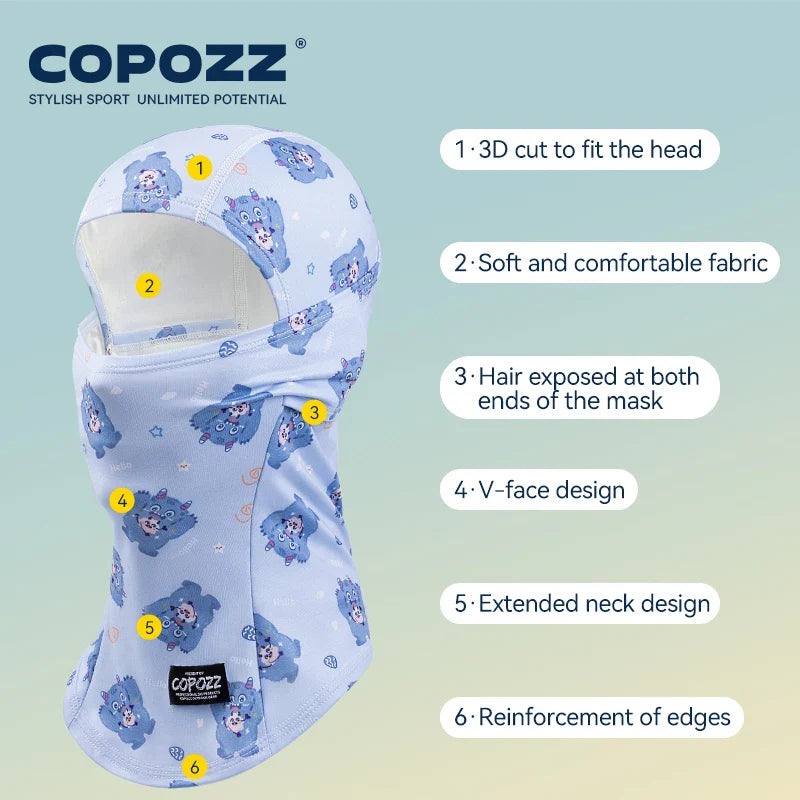 Balaclava mask for kids featuring cartoon bear print and labeled features, Tacoma brand