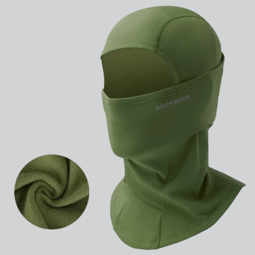 Olive green balaclava motorcycle mask covering head and neck for ultimate protection