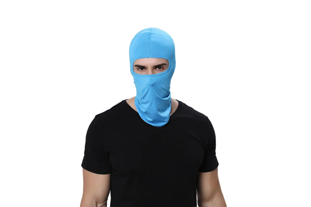 Light blue cycling balaclava face mask covering head and face, exposing only eyes