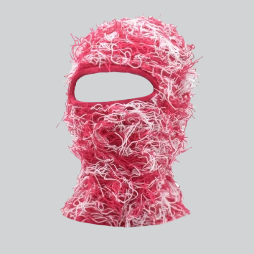 Pink and white shaggy distressed ski mask with eye opening from Colorado Springs