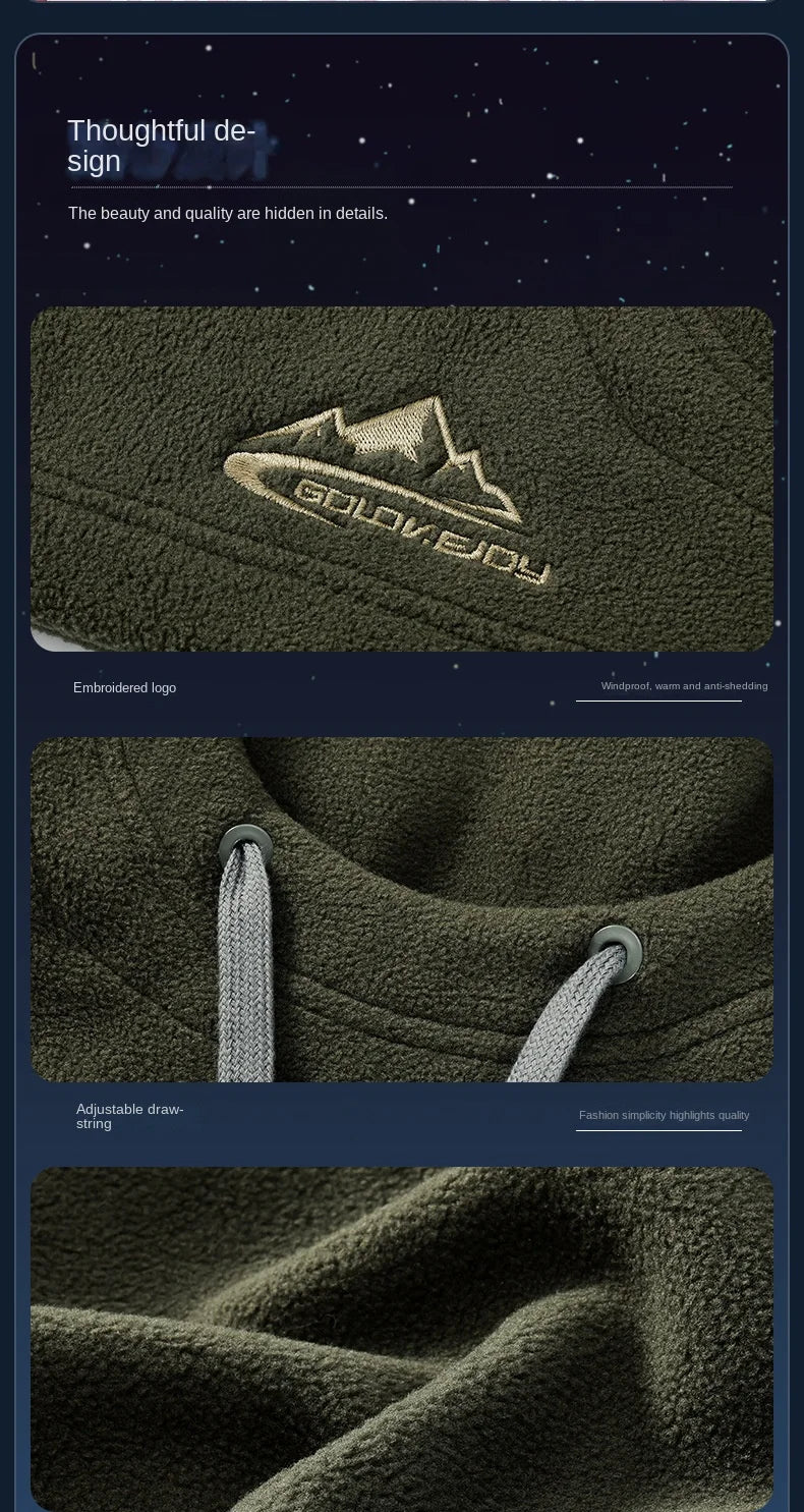 Green fleece hooded balaclava with drawstrings and logo patch from Jonesboro