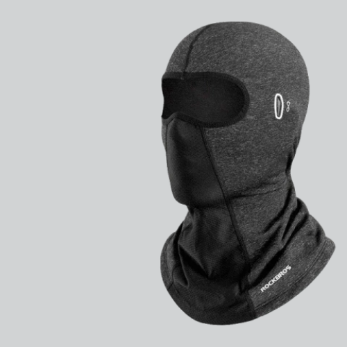 Balaclava-style winter face mask in gray and black for motorcycle use in Lubbock